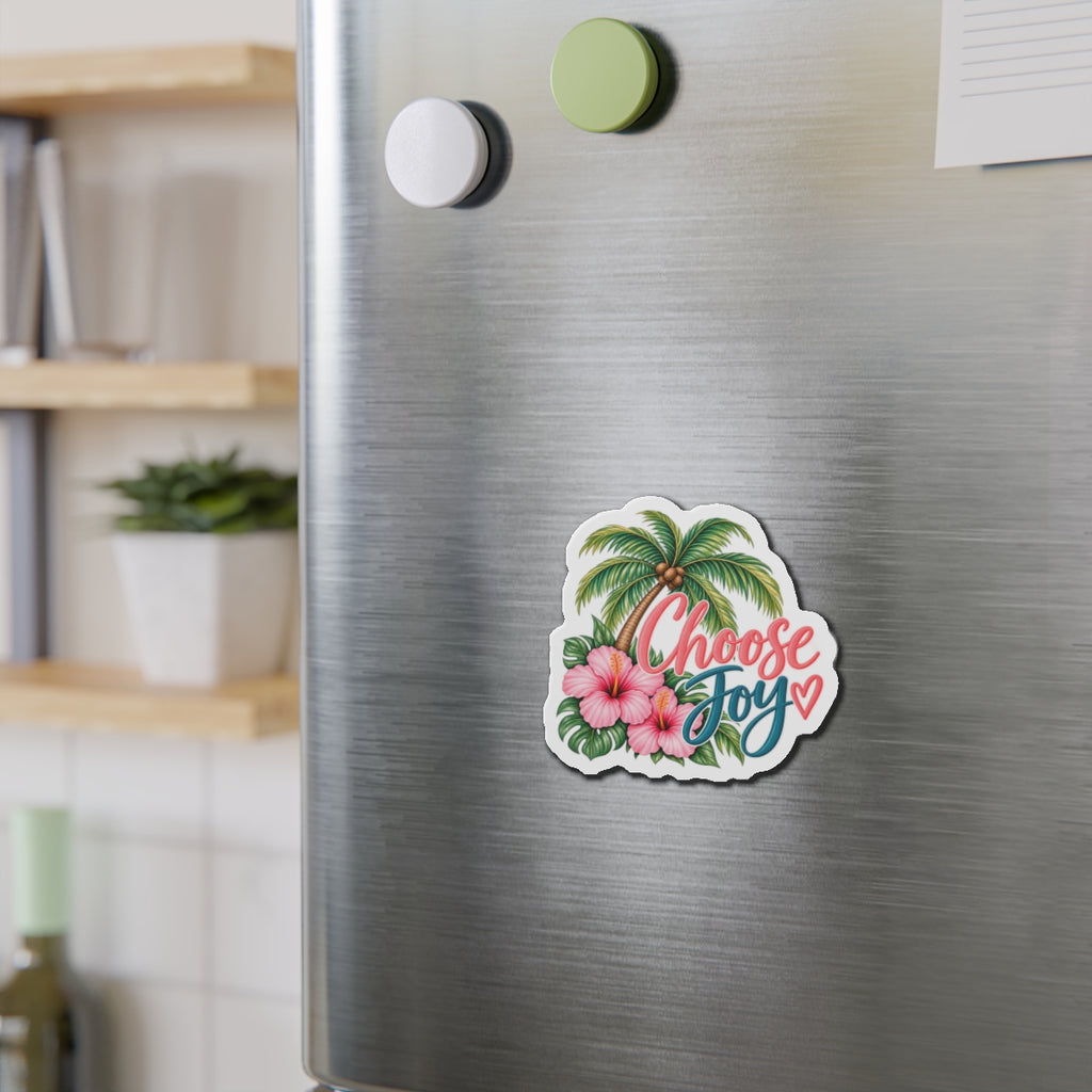 Choose Joy Tropical Die-Cut Magnet — Palm Tree & Hibiscus Refrigerator Sticker