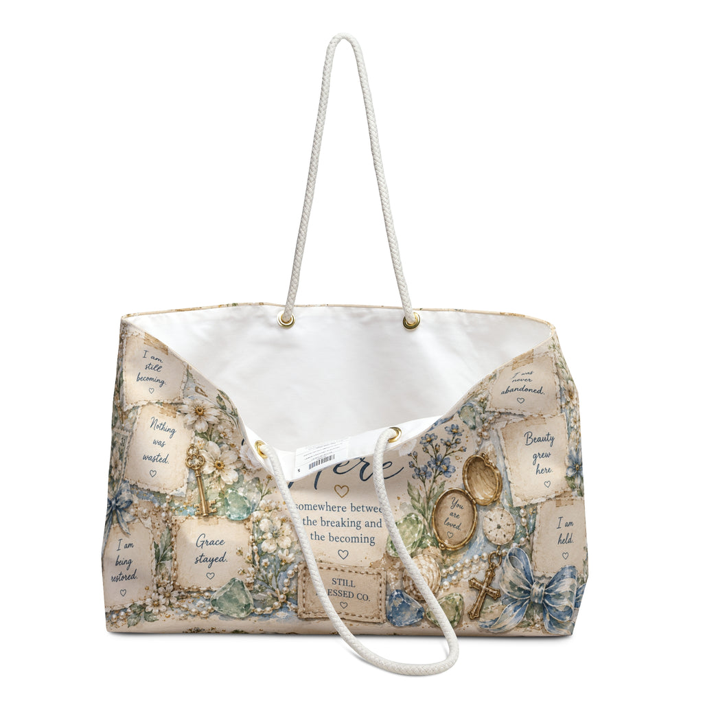 Grace Found Me Here™ Weekender Bag | Luxury Christian Beach Tote | Coastal Faith Travel Bag | Oversized Weekend Bag | Still Blessed Co.