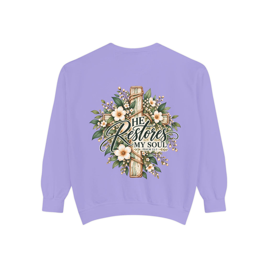He Restores My Soul Sweatshirt | Psalm 23:3 Christian Crewneck | Botanical Faith Sweatshirt | Christian Gift for Women