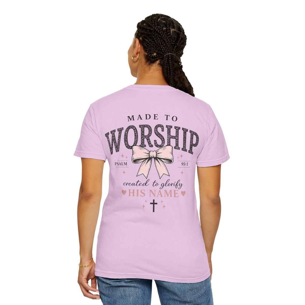 Made to Worship | Psalm 95:1 | Christian Bow T-Shirt | Vintage Faith Graphic Tee for Women