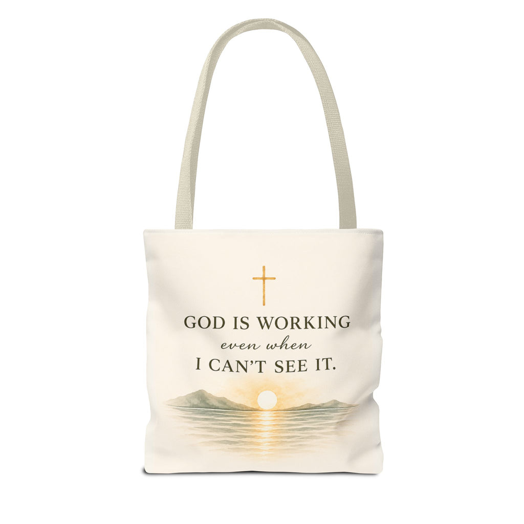 Prayed About It. Still Trusting.™ Double-Sided Faith Tote Bag | Minimalist Christian Canvas Tote | Coastal Watercolor Gift for Women