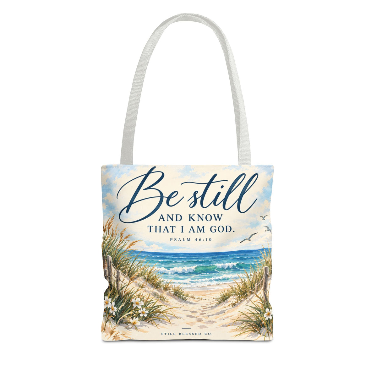 Be Still & Know™ Double-Sided Coastal Tote Bag | Psalm 46:10 Christian Canvas Tote | Beach Path Watercolor Bag | Boutique Gift for Women