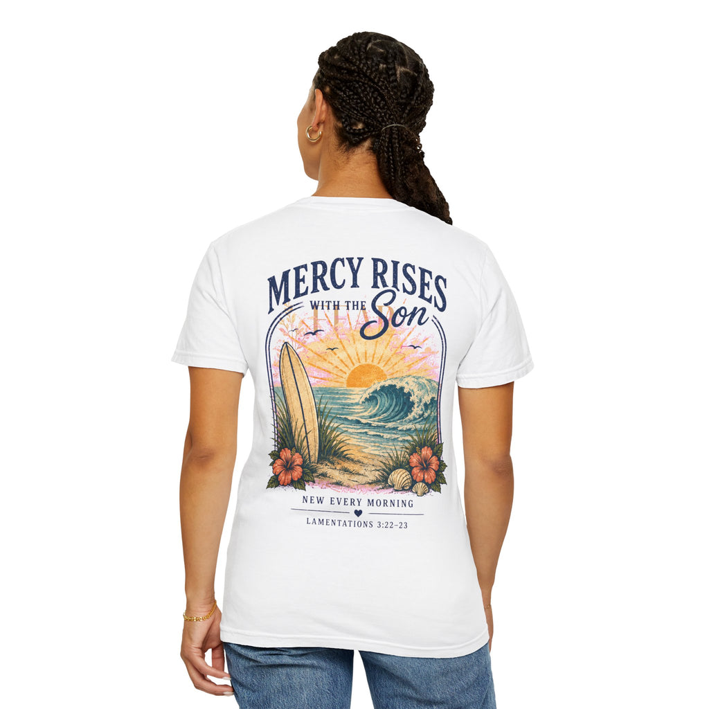 Mercy Rises Tee — Sunrise Surf Christian T-Shirt (Lamentations 3:22-23)