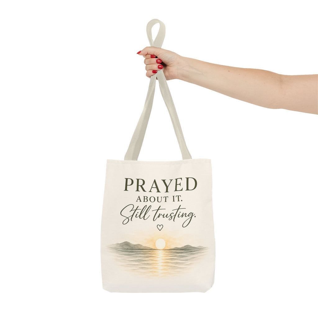 Prayed About It. Still Trusting.™ Double-Sided Faith Tote Bag | Minimalist Christian Canvas Tote | Coastal Watercolor Gift for Women