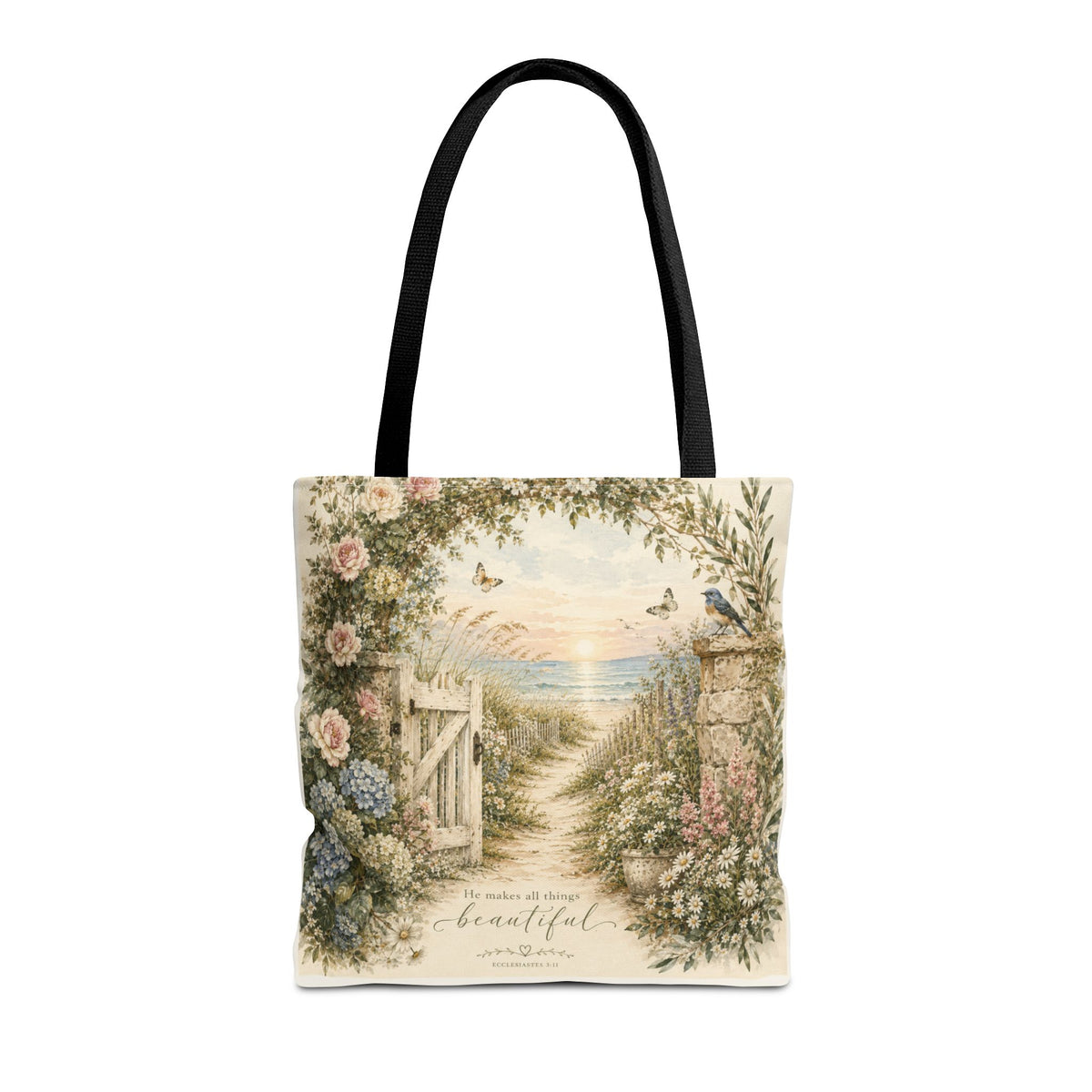Secret Garden to the Sea™ Double-Sided Coastal Tote Bag | Botanical Beach Canvas Tote | Cottagecore Market Bag | Elegant Gift for Women