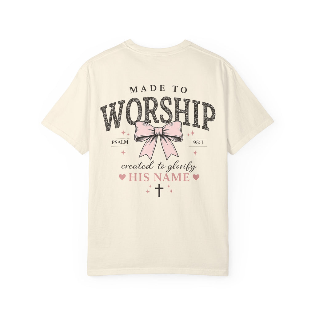 Made to Worship | Psalm 95:1 | Christian Bow T-Shirt | Vintage Faith Graphic Tee for Women