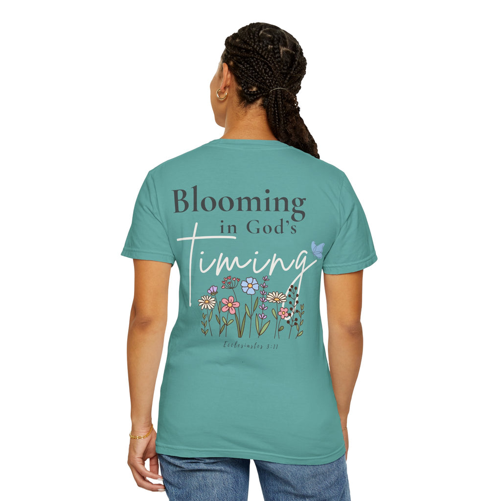 Blooming in God’s Timing Comfort Colors® Tee | Christian Floral Front & Back Shirt | Faith-Inspired Gift for Her