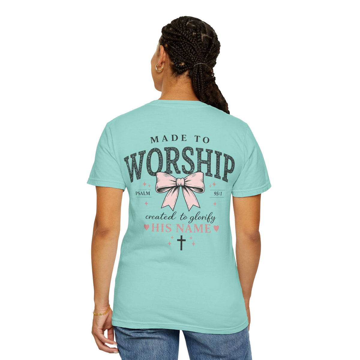 Made to Worship | Psalm 95:1 | Christian Bow T-Shirt | Vintage Faith Graphic Tee for Women