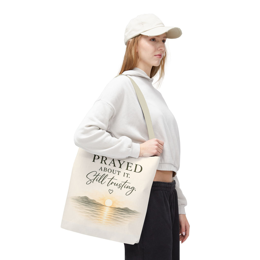 Prayed About It. Still Trusting.™ Double-Sided Faith Tote Bag | Minimalist Christian Canvas Tote | Coastal Watercolor Gift for Women