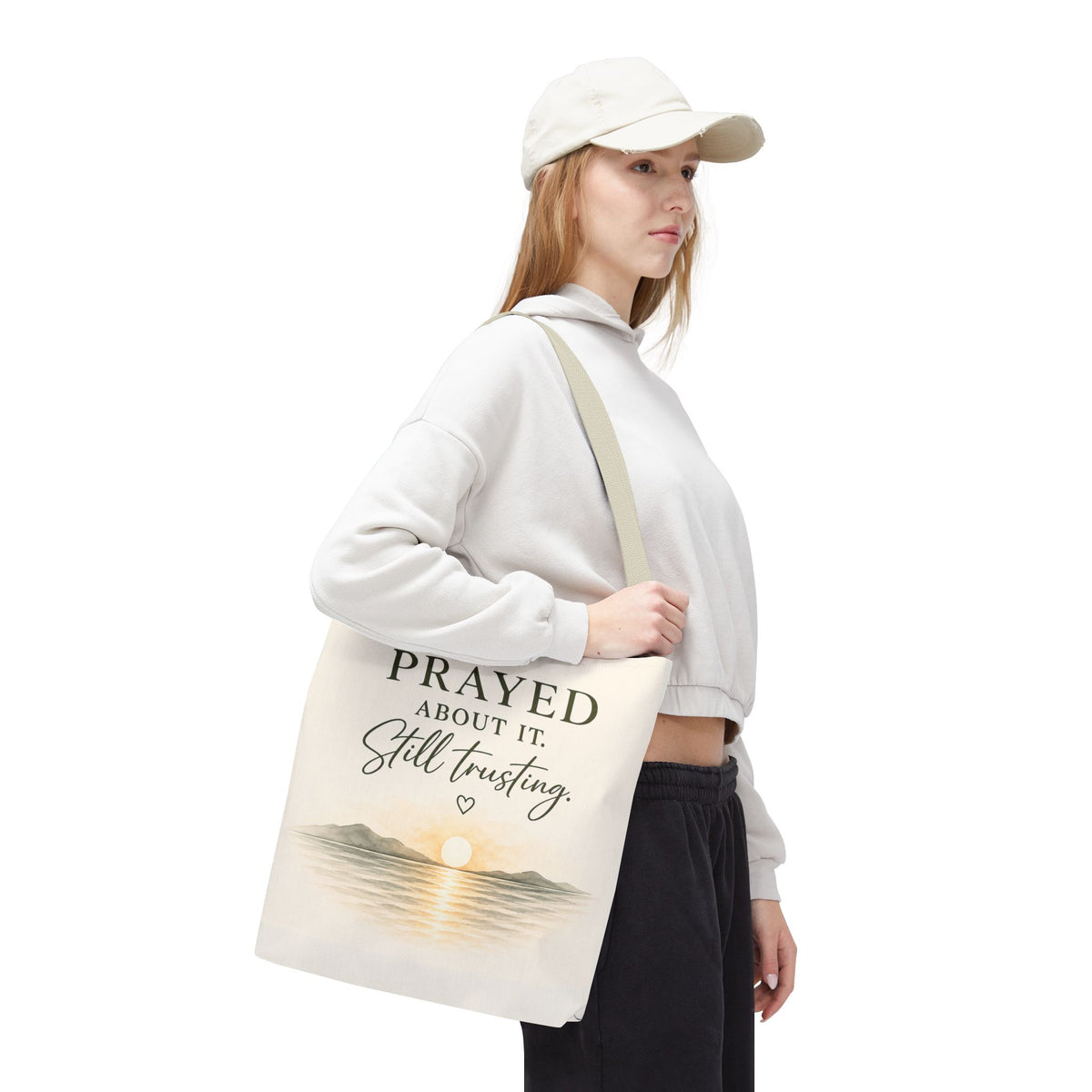 Prayed About It. Still Trusting.™ Double-Sided Faith Tote Bag | Minimalist Christian Canvas Tote | Coastal Watercolor Gift for Women