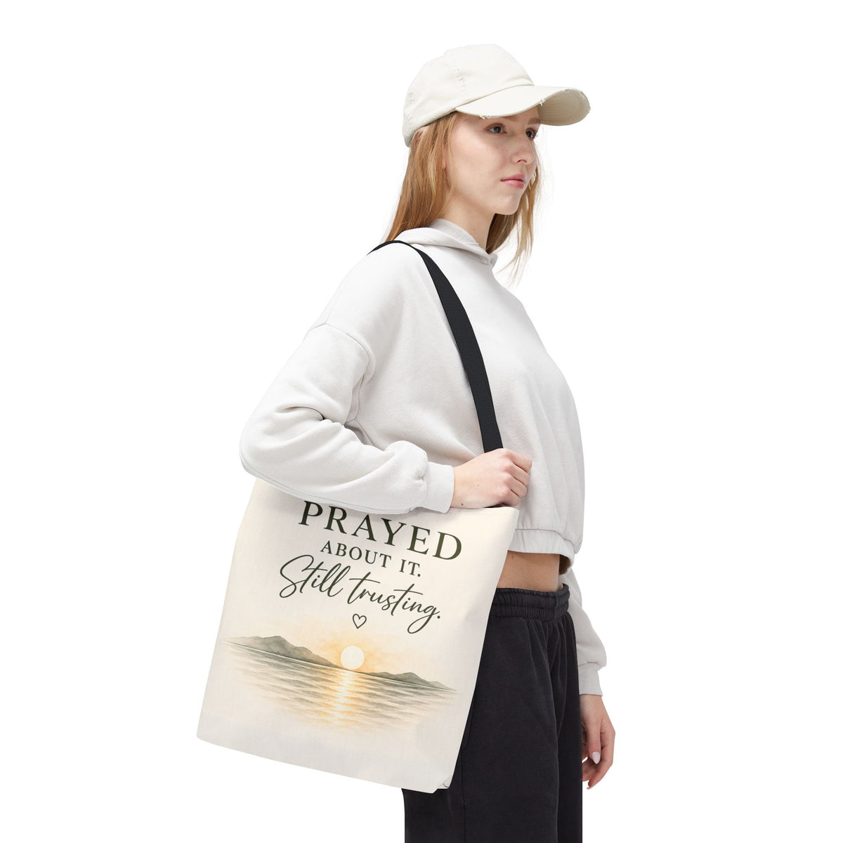 Prayed About It. Still Trusting.™ Double-Sided Faith Tote Bag | Minimalist Christian Canvas Tote | Coastal Watercolor Gift for Women