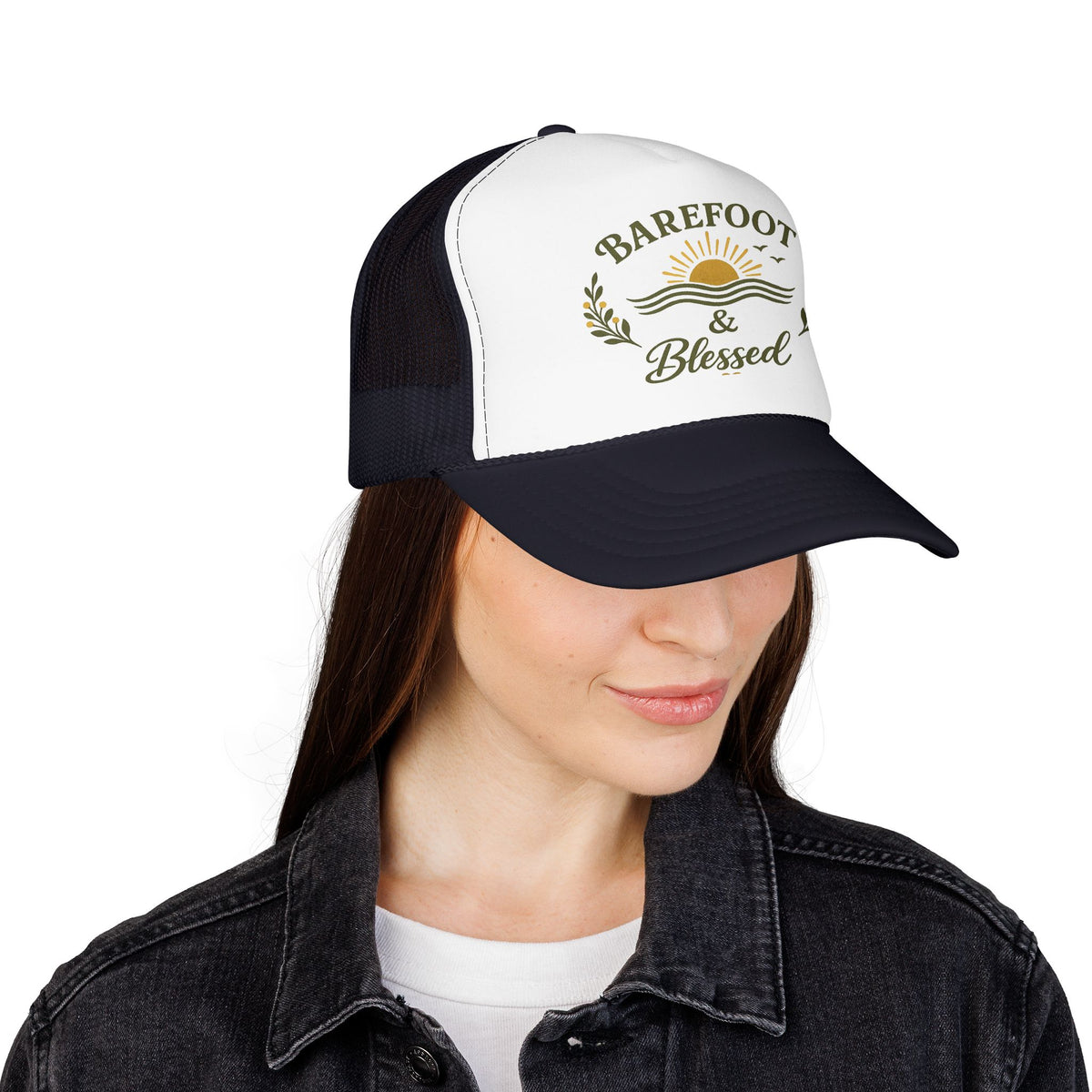Barefoot & Blessed™ Coastal Christian Trucker Hat | Women's Boutique Beach Snapback | Faith Lifestyle Hat | Still Blessed Co.