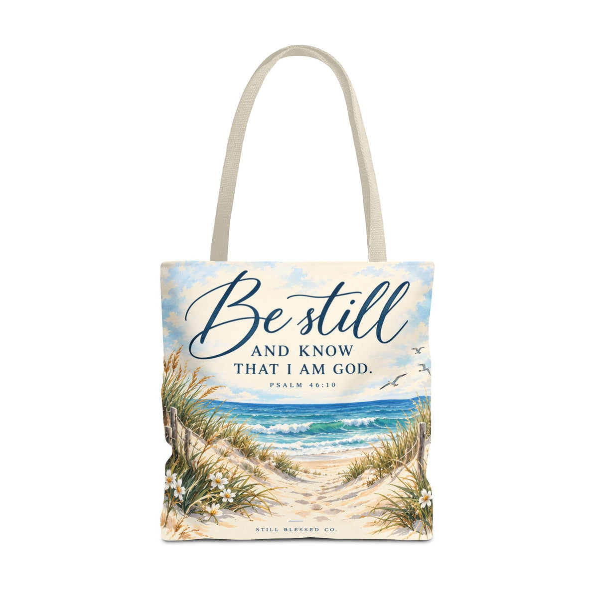 Be Still & Know™ Double-Sided Coastal Tote Bag | Psalm 46:10 Christian Canvas Tote | Beach Path Watercolor Bag | Boutique Gift for Women