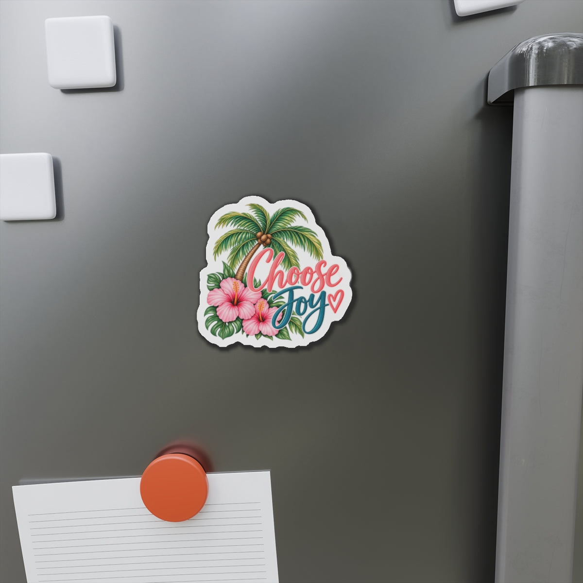 Choose Joy Tropical Die-Cut Magnet — Palm Tree & Hibiscus Refrigerator Sticker