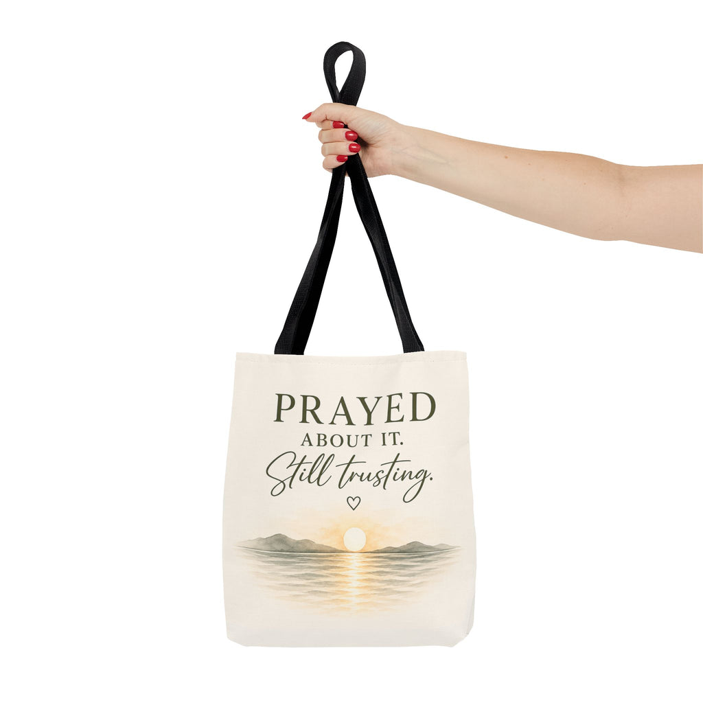 Prayed About It. Still Trusting.™ Double-Sided Faith Tote Bag | Minimalist Christian Canvas Tote | Coastal Watercolor Gift for Women