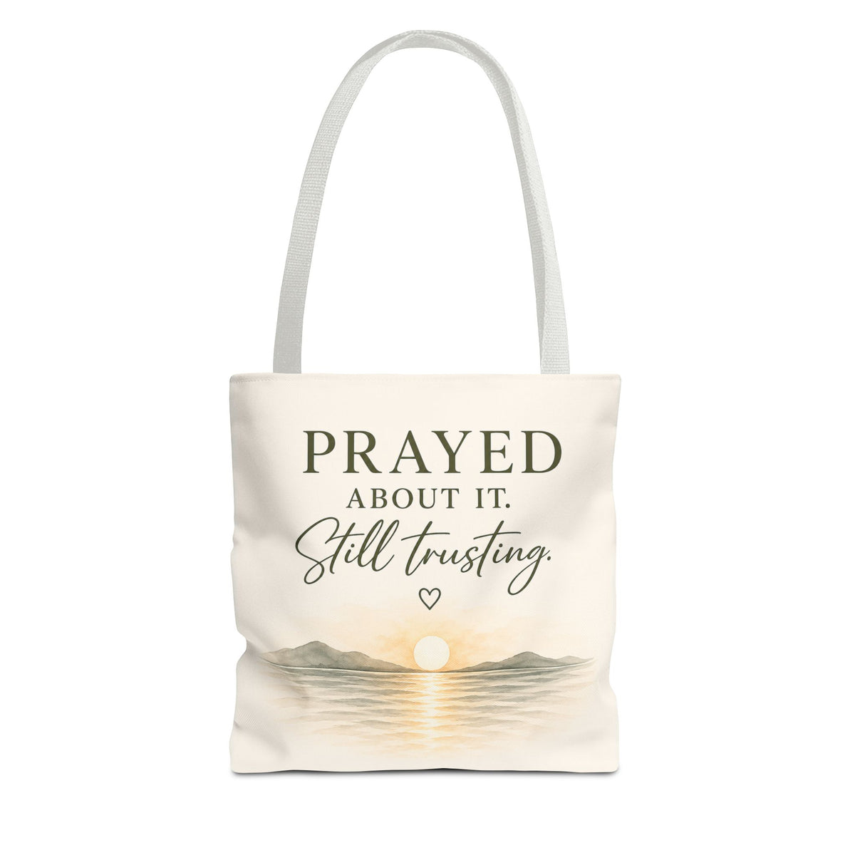 Prayed About It. Still Trusting.™ Double-Sided Faith Tote Bag | Minimalist Christian Canvas Tote | Coastal Watercolor Gift for Women