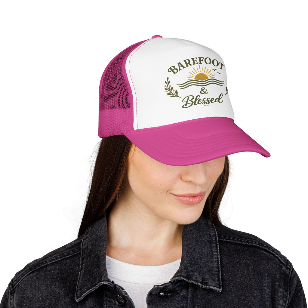 Barefoot & Blessed™ Coastal Christian Trucker Hat | Women's Boutique Beach Snapback | Faith Lifestyle Hat | Still Blessed Co.