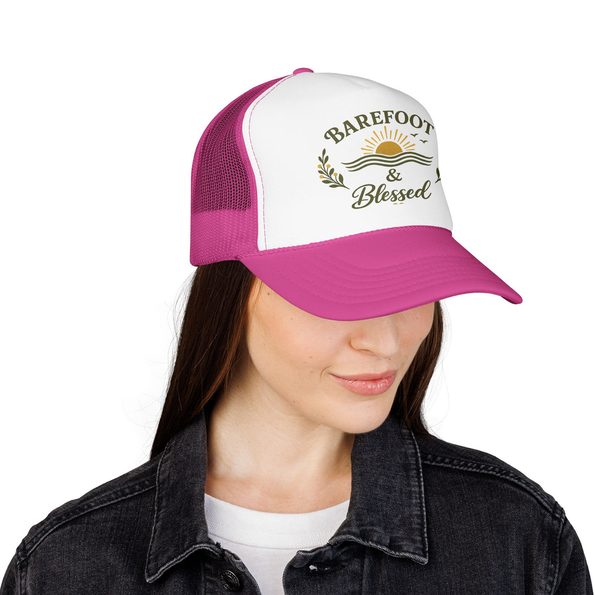 Barefoot & Blessed™ Coastal Christian Trucker Hat | Women's Boutique Beach Snapback | Faith Lifestyle Hat | Still Blessed Co.