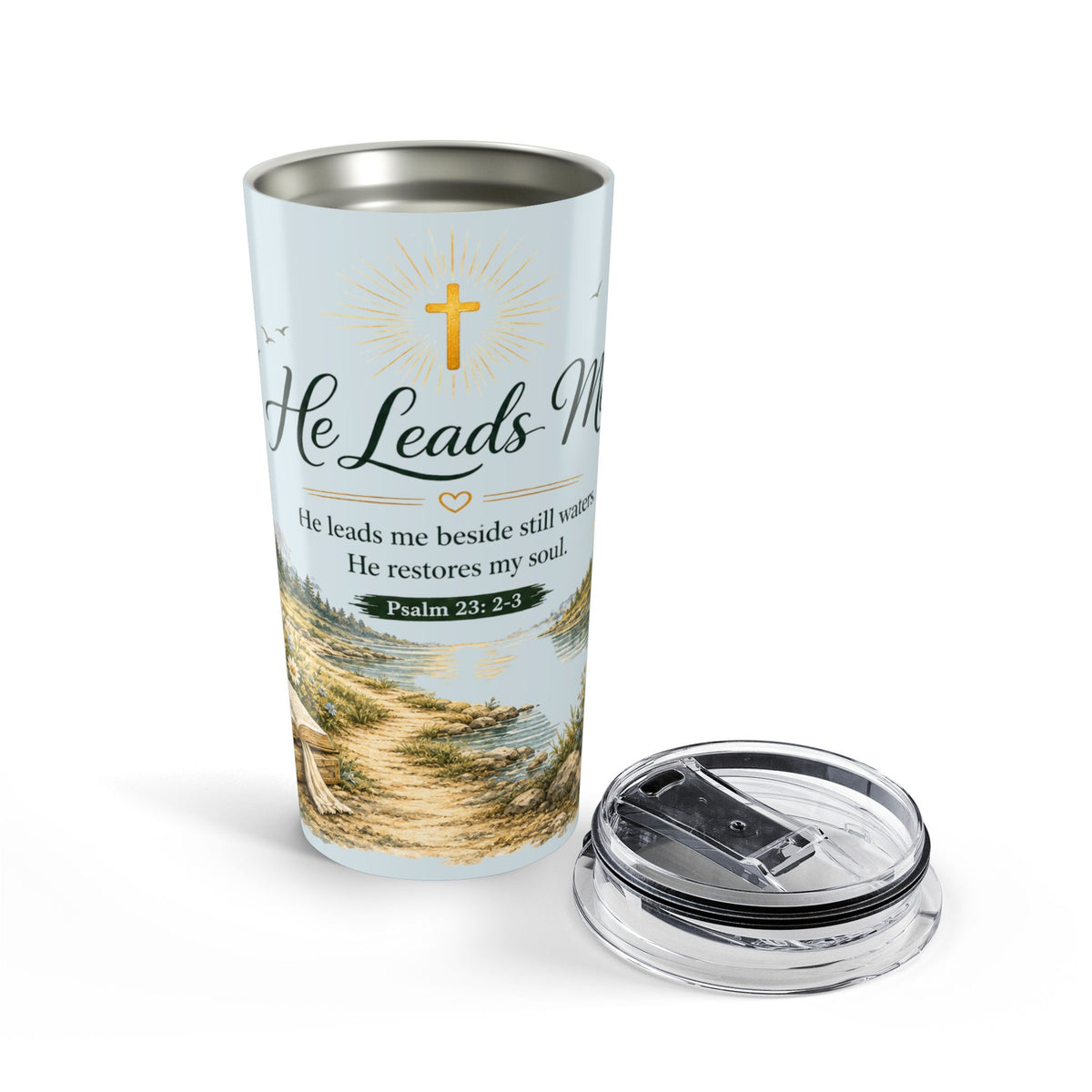 He Leads Me Coastal Scripture Tumbler | Psalm 23:2–3 | 20 oz Insulated Christian Travel Cup