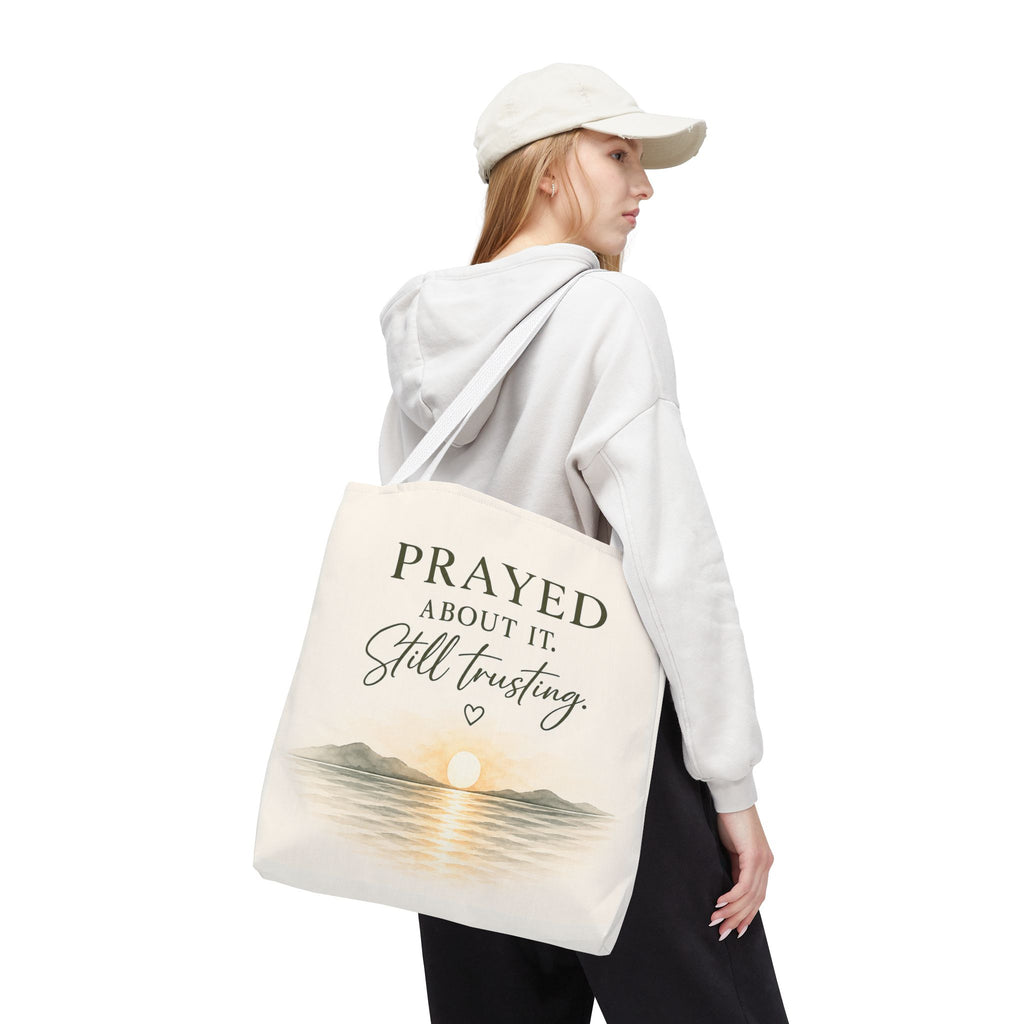 Prayed About It. Still Trusting.™ Double-Sided Faith Tote Bag | Minimalist Christian Canvas Tote | Coastal Watercolor Gift for Women