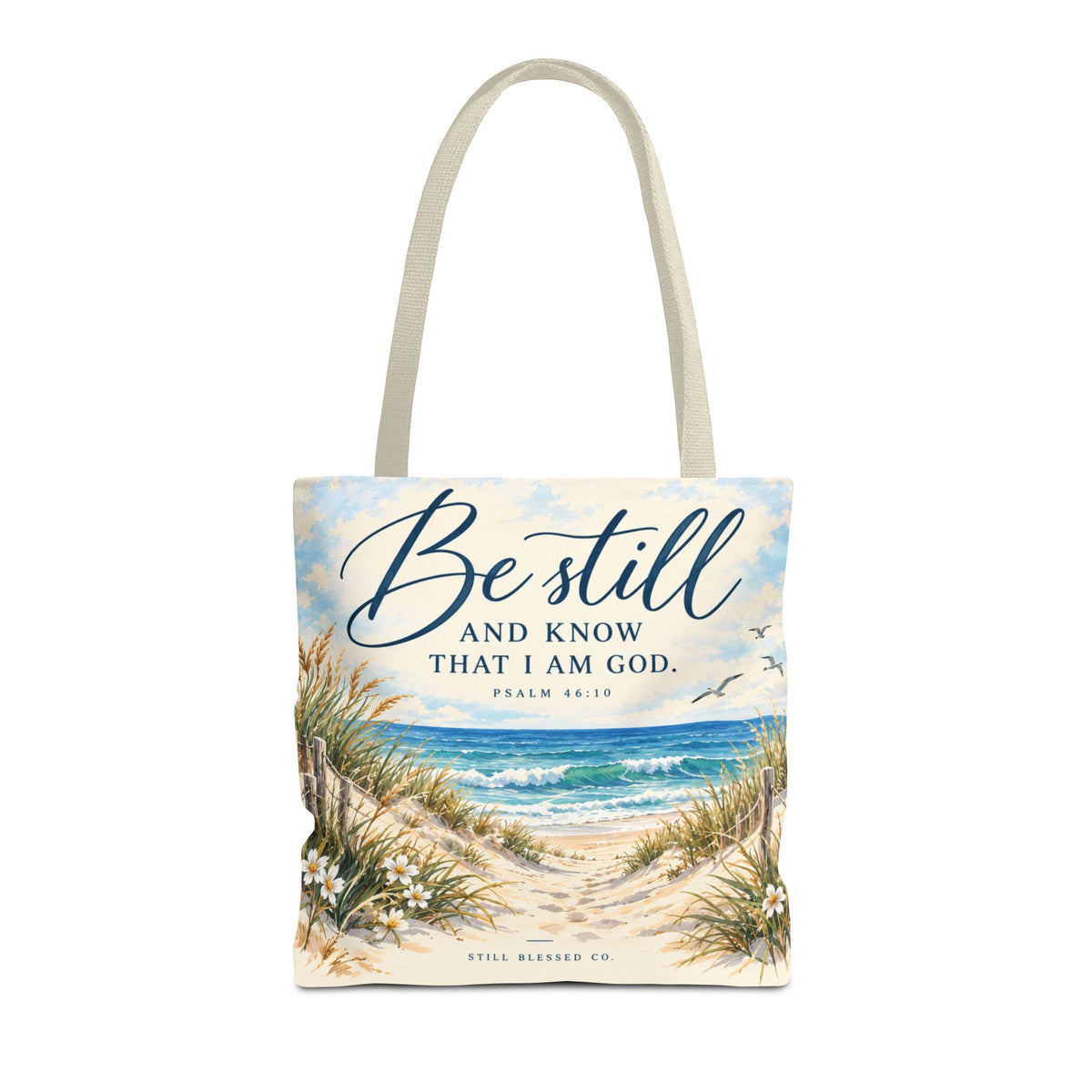 Be Still & Know™ Double-Sided Coastal Tote Bag | Psalm 46:10 Christian Canvas Tote | Beach Path Watercolor Bag | Boutique Gift for Women