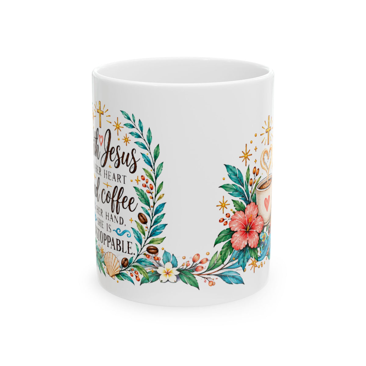 Inspirational Coffee Mug — "With Jesus in My Heart & Coffee in My Hand" Floral Ceramic Mug