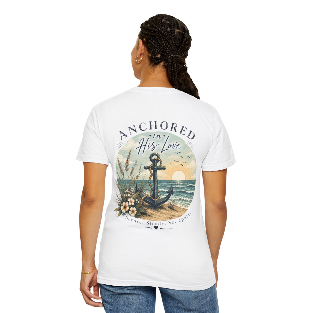Anchored in His Love Comfort Colors® Tee | Christian Coastal T-Shirt | Faith-Based Beach Shirt | Matthew 19:26 | Still Blessed Co.