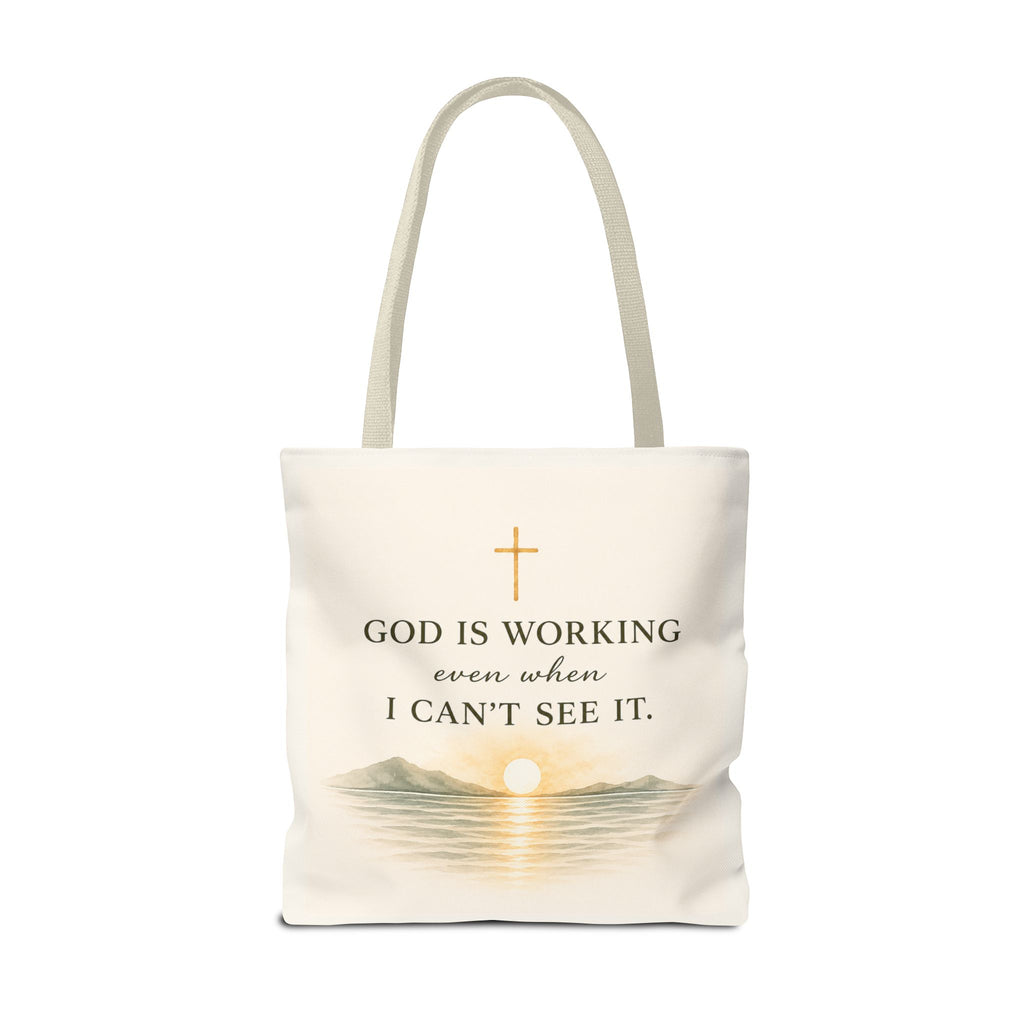 Prayed About It. Still Trusting.™ Double-Sided Faith Tote Bag | Minimalist Christian Canvas Tote | Coastal Watercolor Gift for Women
