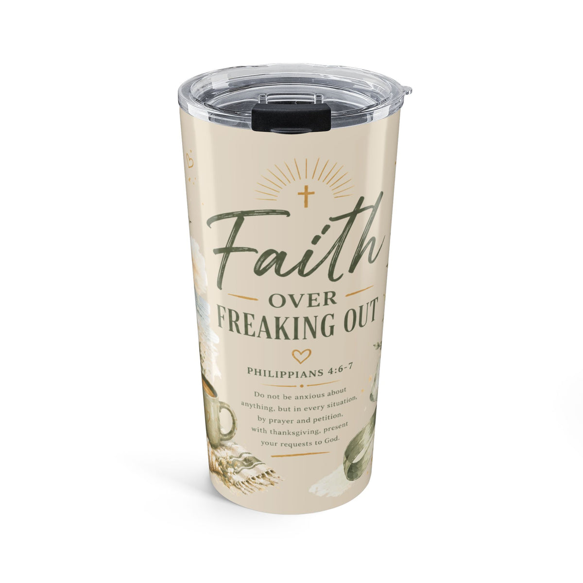 Faith Over Freaking Out™ Coastal Scripture Tumbler | Philippians 4:6–7 | 20 oz Insulated Travel Cup