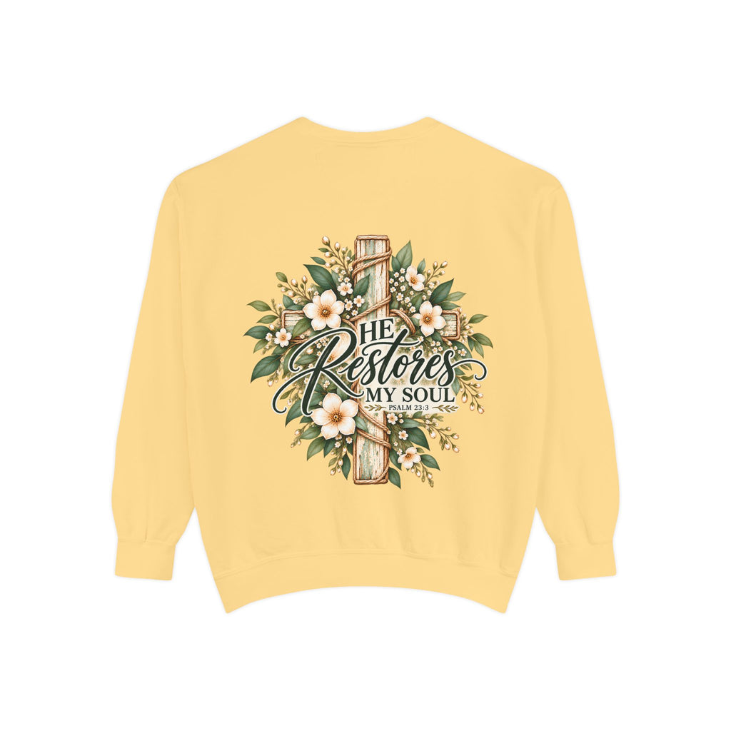 He Restores My Soul Sweatshirt | Psalm 23:3 Christian Crewneck | Botanical Faith Sweatshirt | Christian Gift for Women