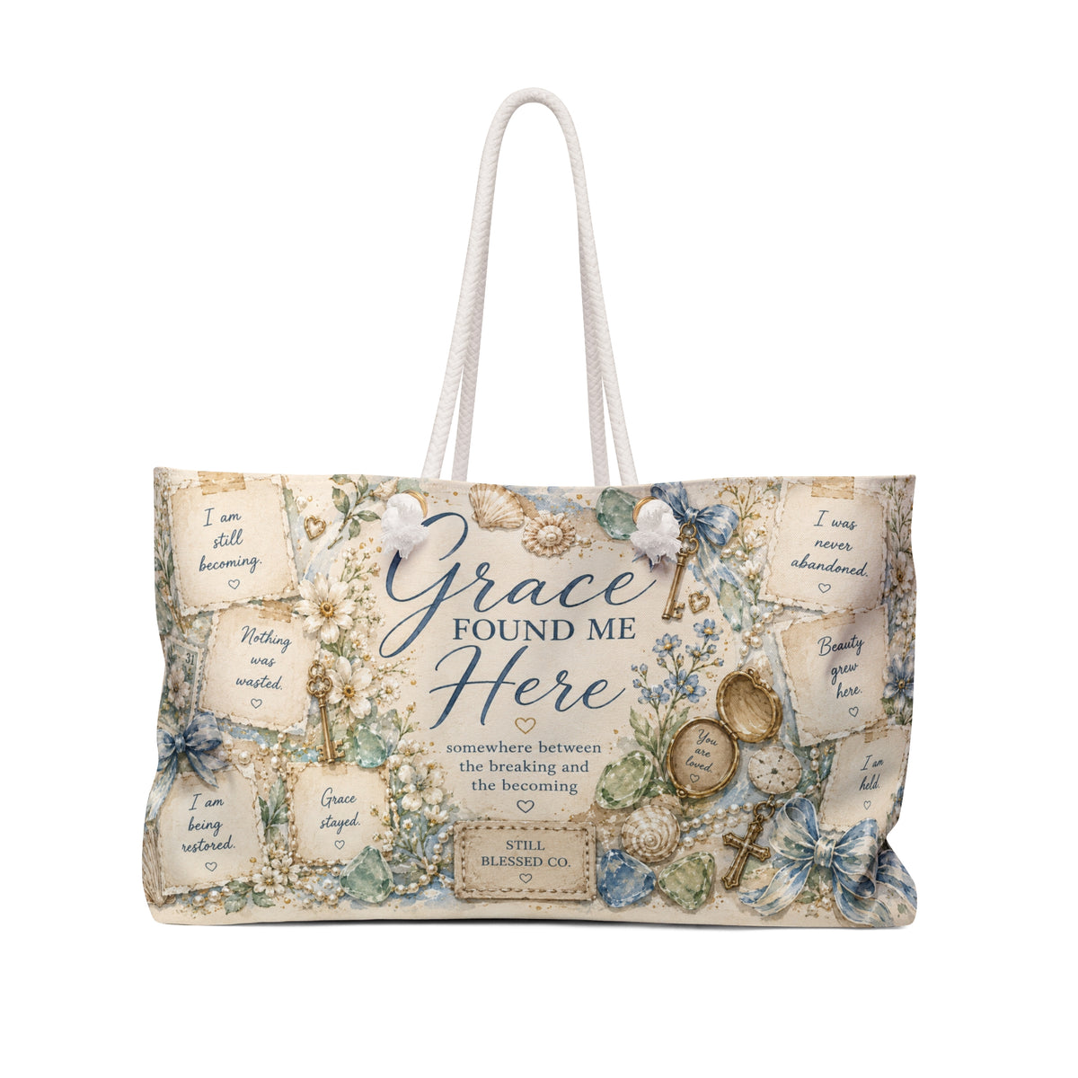 Grace Found Me Here™ Weekender Bag | Luxury Christian Beach Tote | Coastal Faith Travel Bag | Oversized Weekend Bag | Still Blessed Co.