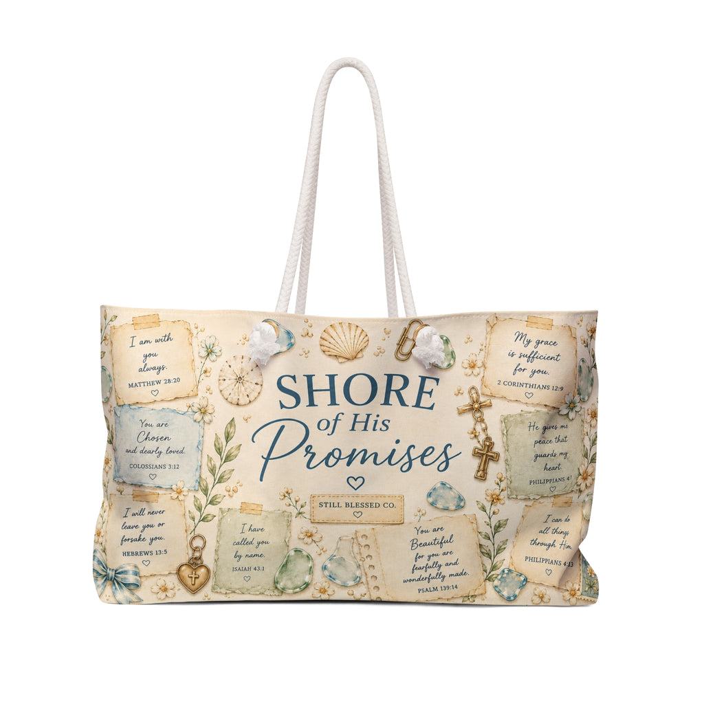 Shore of His Promises™ Weekender Bag | Luxury Coastal Christian Beach Bag | Faith Travel Tote | Oversized Beach Tote | Still Blessed Co.