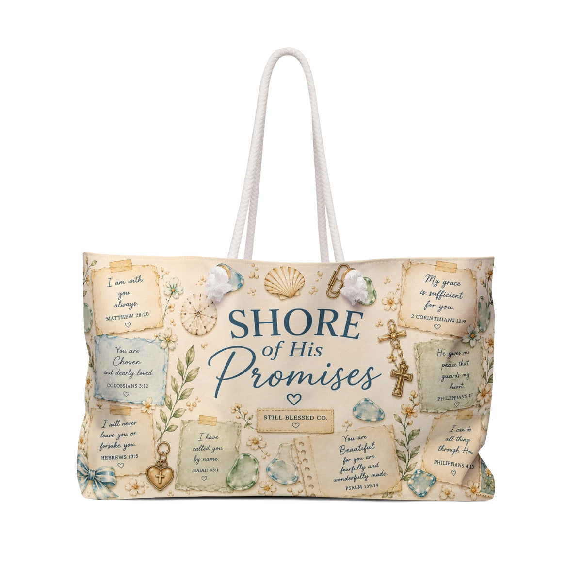 Shore of His Promises™ Weekender Bag | Luxury Coastal Christian Beach Bag | Faith Travel Tote | Oversized Beach Tote | Still Blessed Co.