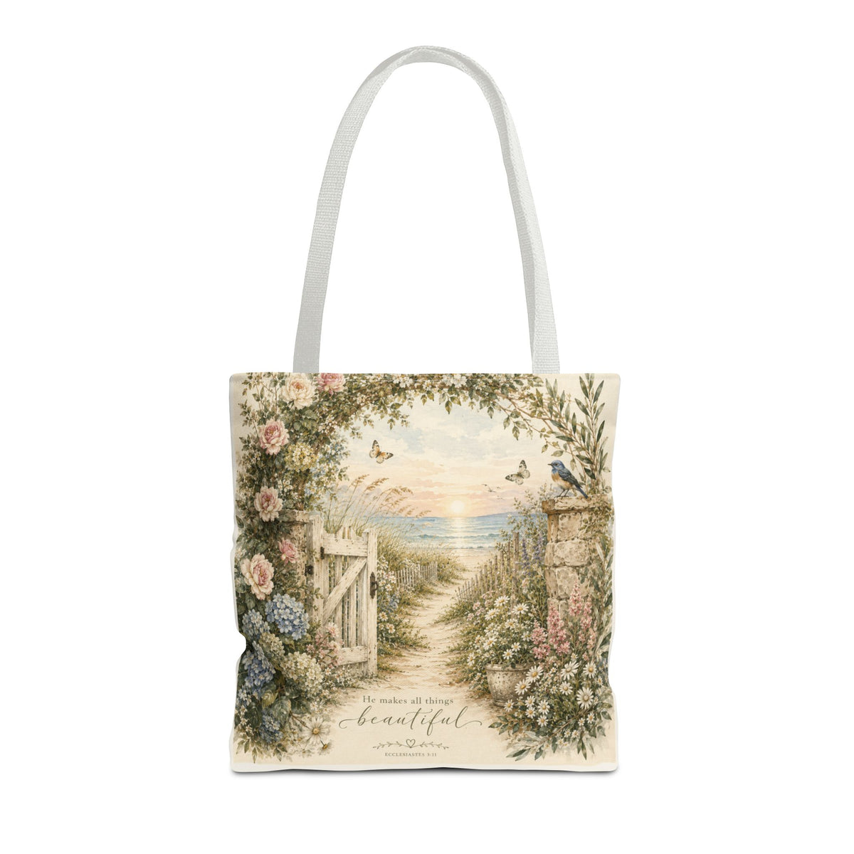 Secret Garden to the Sea™ Double-Sided Coastal Tote Bag | Botanical Beach Canvas Tote | Cottagecore Market Bag | Elegant Gift for Women