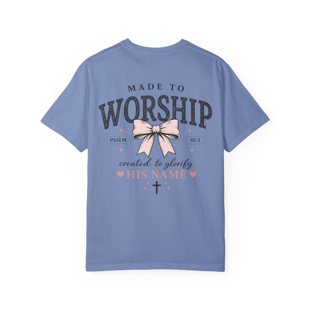 Made to Worship | Psalm 95:1 | Christian Bow T-Shirt | Vintage Faith Graphic Tee for Women