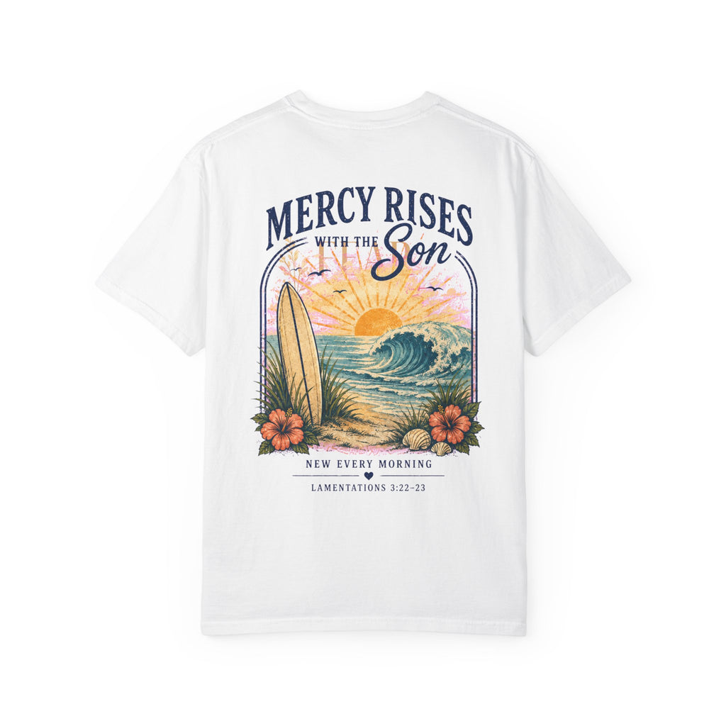 Mercy Rises Tee — Sunrise Surf Christian T-Shirt (Lamentations 3:22-23)