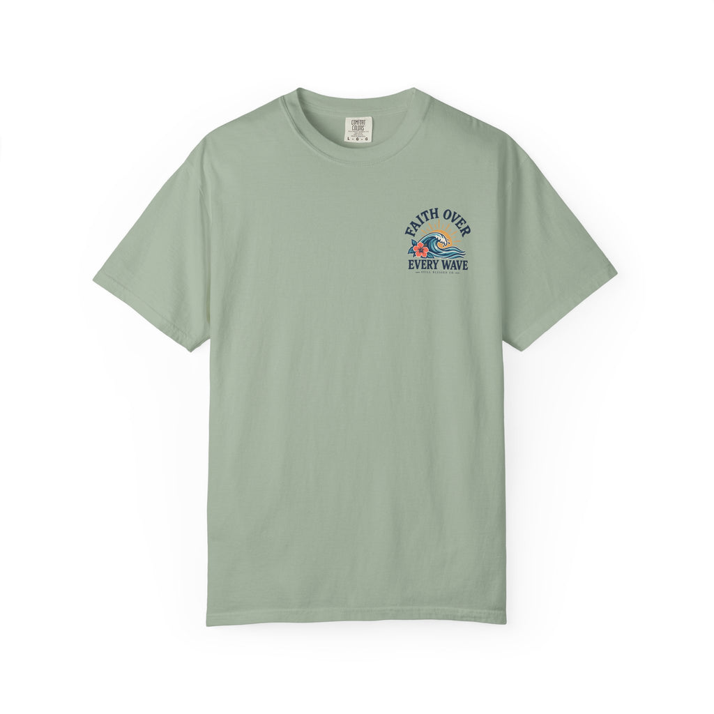 Faith Over Every Wave Christian T-Shirt | Coastal Faith Comfort Colors Tee | Mark 4:39 Beach Shirt | Front & Back Design