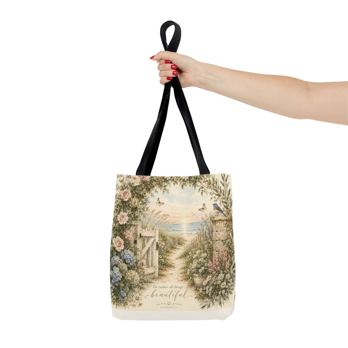 Secret Garden to the Sea™ Double-Sided Coastal Tote Bag | Botanical Beach Canvas Tote | Cottagecore Market Bag | Elegant Gift for Women