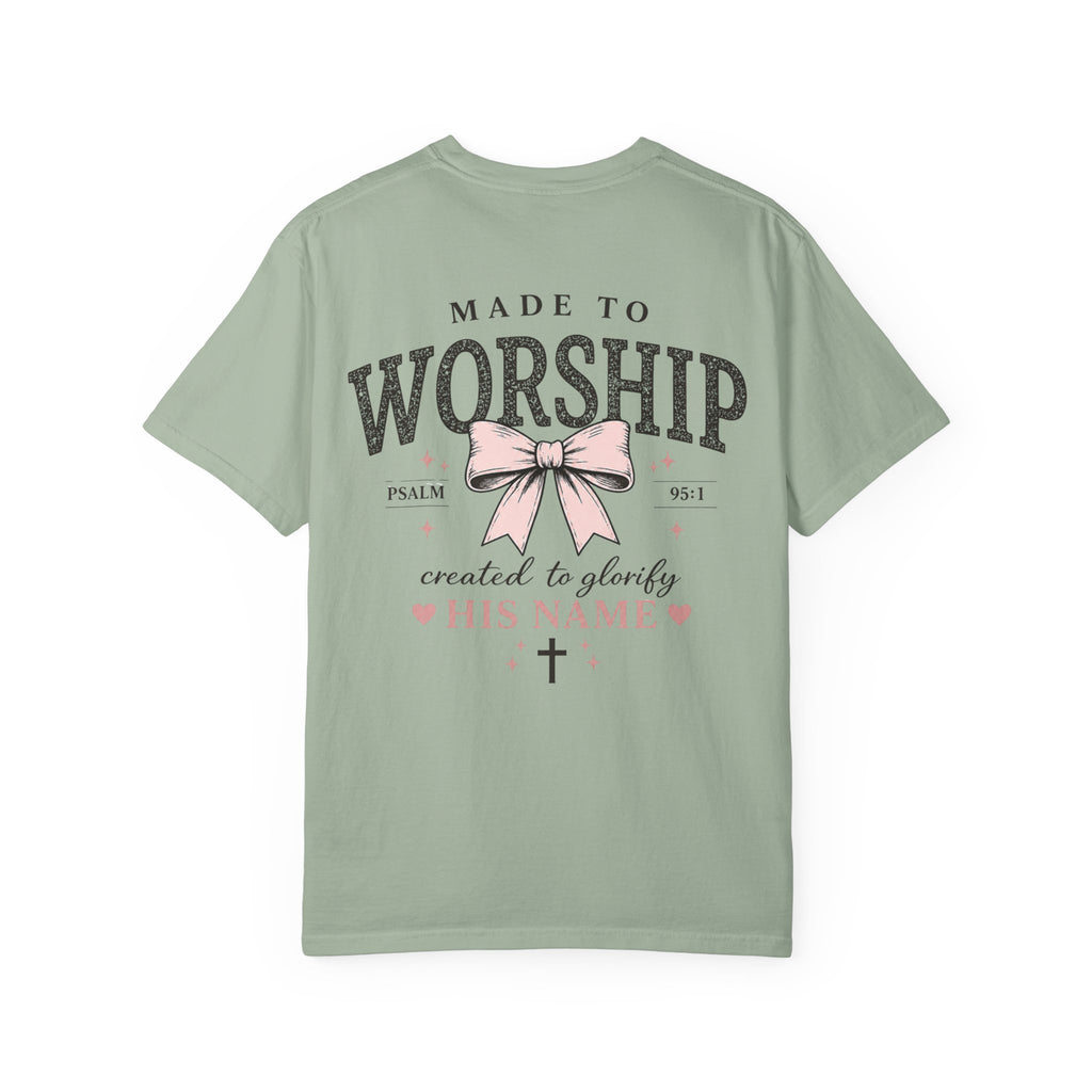 Made to Worship | Psalm 95:1 | Christian Bow T-Shirt | Vintage Faith Graphic Tee for Women