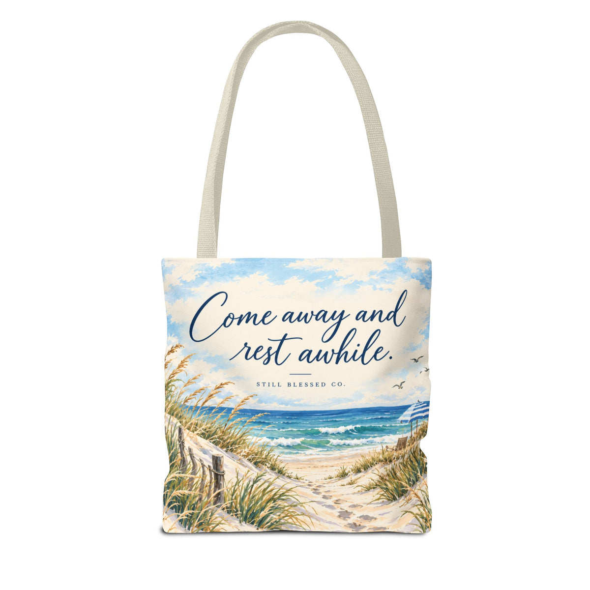 Be Still & Know™ Double-Sided Coastal Tote Bag | Psalm 46:10 Christian Canvas Tote | Beach Path Watercolor Bag | Boutique Gift for Women