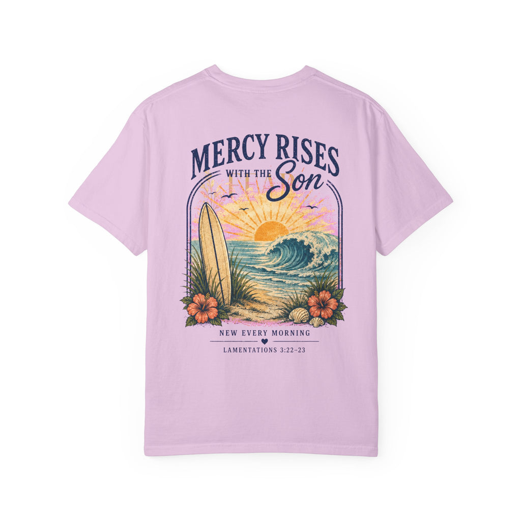 Mercy Rises Tee — Sunrise Surf Christian T-Shirt (Lamentations 3:22-23)