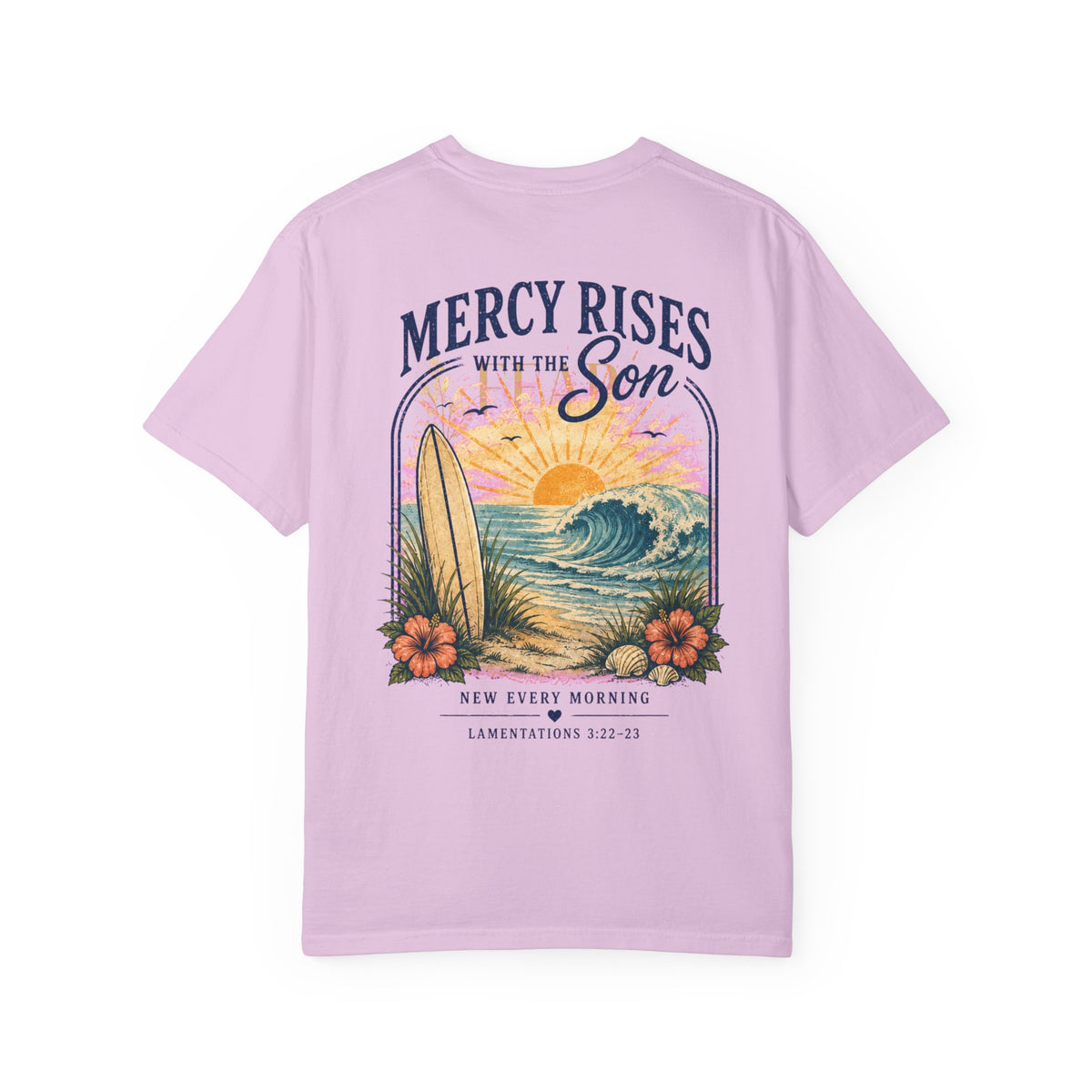 Mercy Rises Tee — Sunrise Surf Christian T-Shirt (Lamentations 3:22-23)