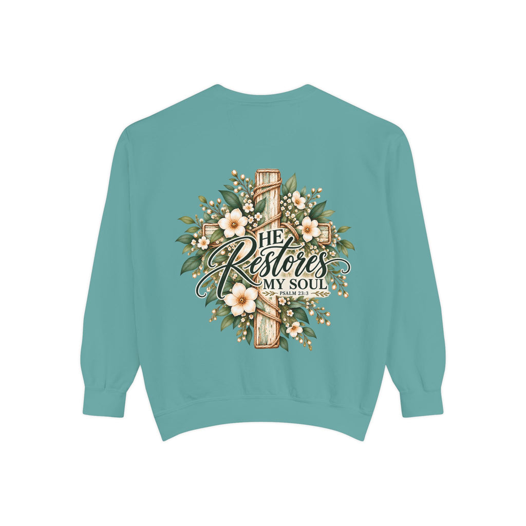 He Restores My Soul Sweatshirt | Psalm 23:3 Christian Crewneck | Botanical Faith Sweatshirt | Christian Gift for Women