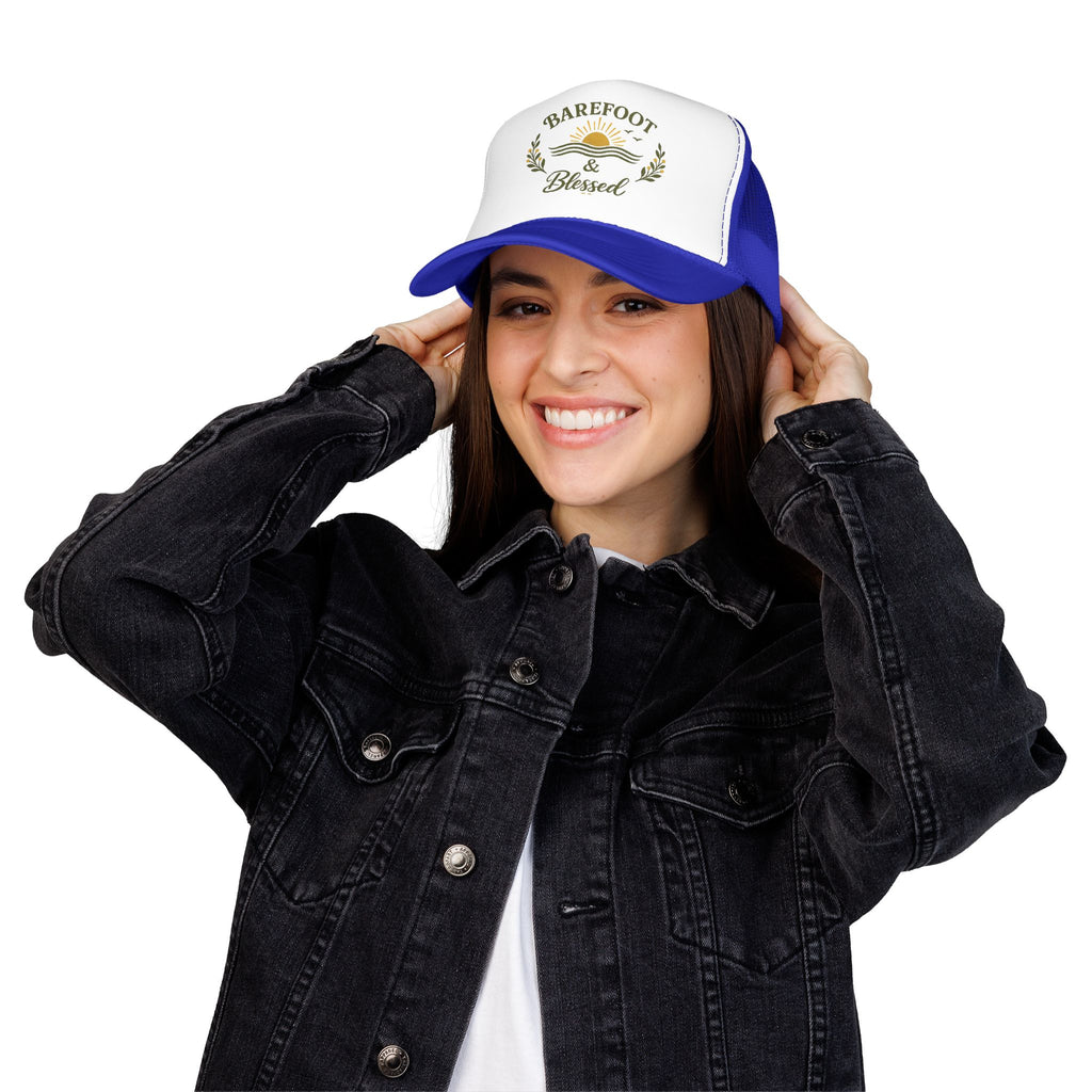 Barefoot & Blessed™ Coastal Christian Trucker Hat | Women's Boutique Beach Snapback | Faith Lifestyle Hat | Still Blessed Co.