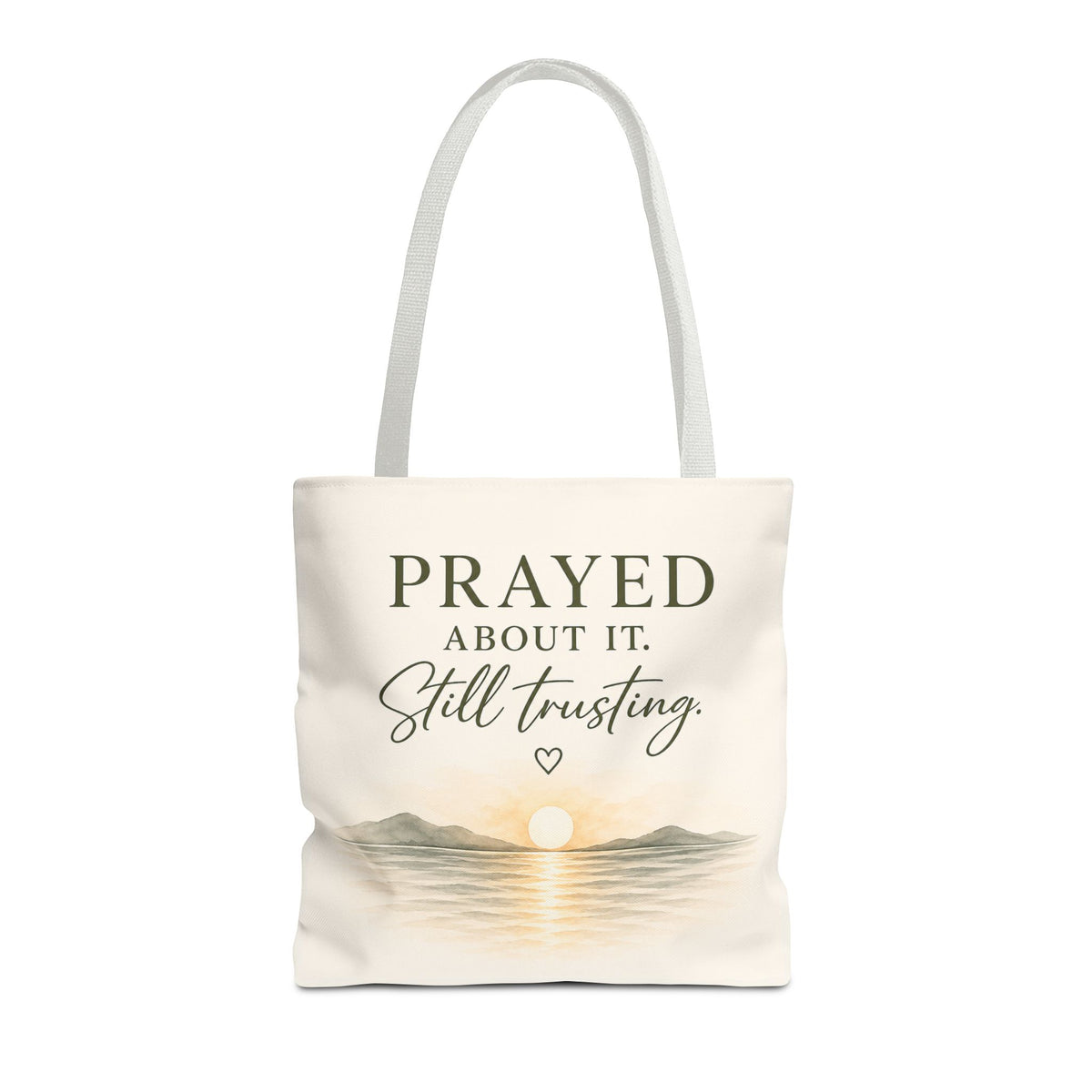 Prayed About It. Still Trusting.™ Double-Sided Faith Tote Bag | Minimalist Christian Canvas Tote | Coastal Watercolor Gift for Women