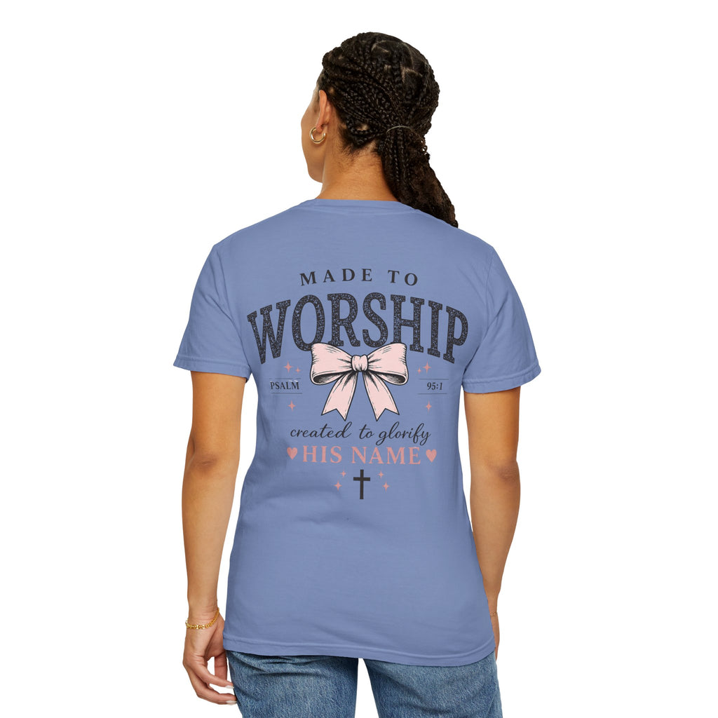 Made to Worship | Psalm 95:1 | Christian Bow T-Shirt | Vintage Faith Graphic Tee for Women