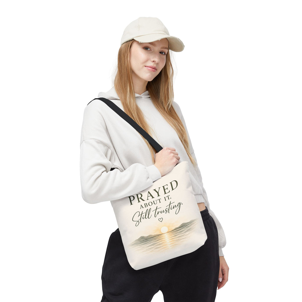 Prayed About It. Still Trusting.™ Double-Sided Faith Tote Bag | Minimalist Christian Canvas Tote | Coastal Watercolor Gift for Women