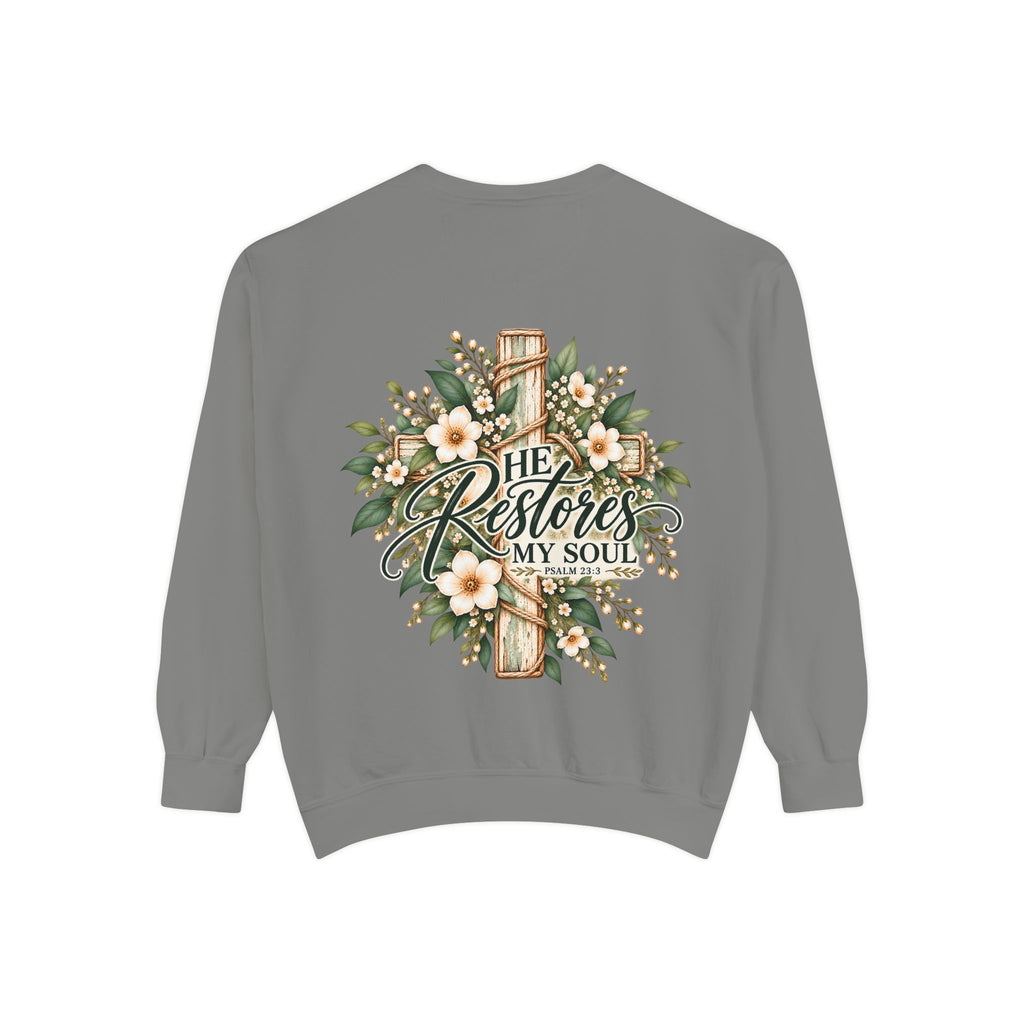 He Restores My Soul Sweatshirt | Psalm 23:3 Christian Crewneck | Botanical Faith Sweatshirt | Christian Gift for Women