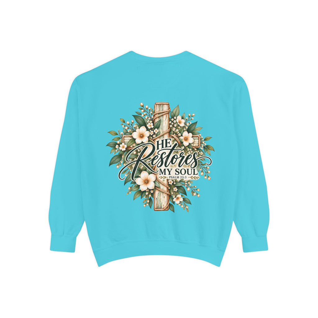 He Restores My Soul Sweatshirt | Psalm 23:3 Christian Crewneck | Botanical Faith Sweatshirt | Christian Gift for Women