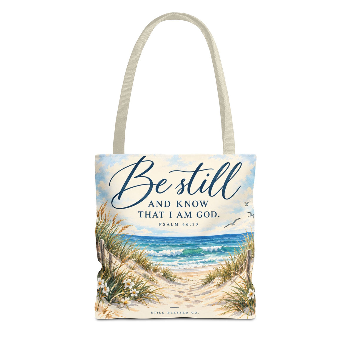 Be Still & Know™ Double-Sided Coastal Tote Bag | Psalm 46:10 Christian Canvas Tote | Beach Path Watercolor Bag | Boutique Gift for Women